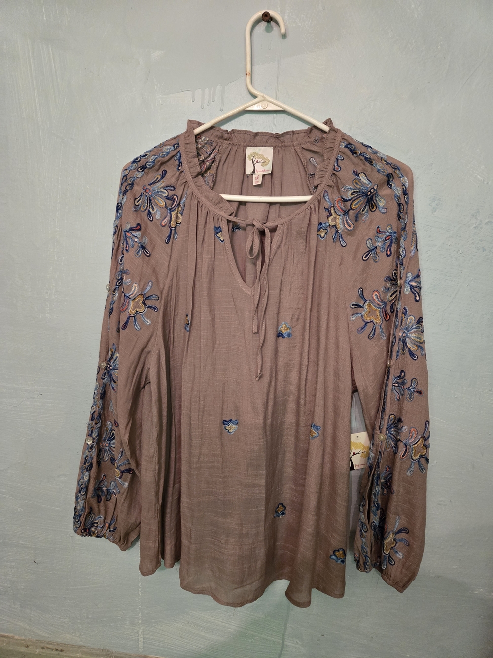 Embroidered Mauve Boho Tie-Front Blouse by Fig & Flower